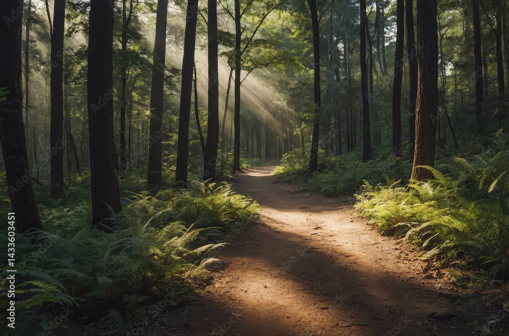 Naklejka premium Sunlit Forest Path with Lush Greenery