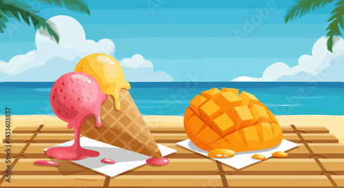Vibrant summer illustration of a melting double scoop ice cream cone and fresh diced mango resting on a wooden surface by a tropical beach