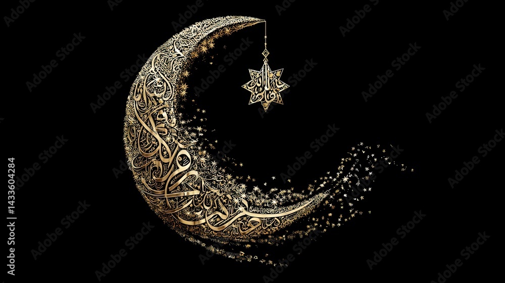 Obraz premium Glowing golden crescent moon adorned with delicate arabic calligraphy and star, symbolizing islamic artistic heritage against deep black backdrop