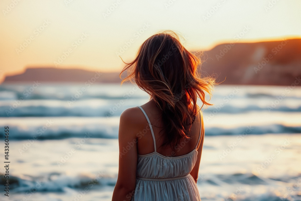 Woman Contemplating Sunset at the Beach