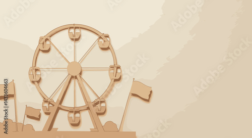Minimalist cardboard cutout illustration of a classic amusement park Ferris wheel with festive flags on a plain beige background