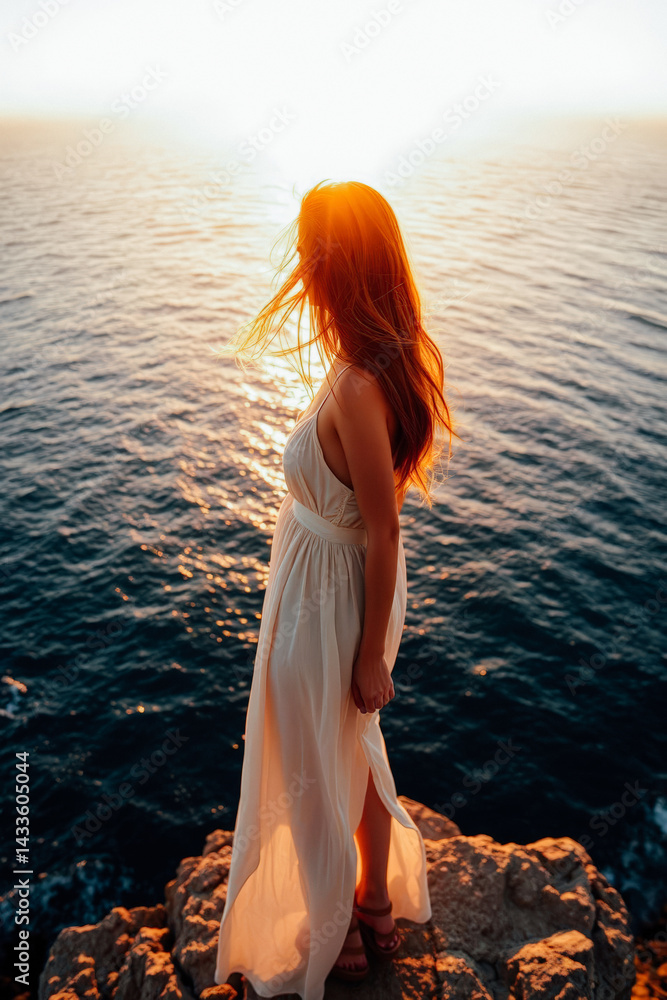 Woman in White Dress at Sunset Cliff