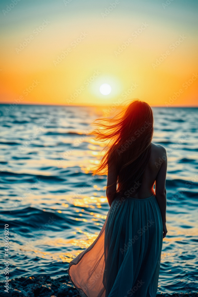 Woman Contemplating Sunset at Seashore