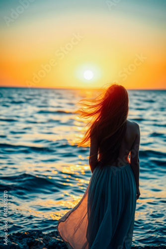 Obraz na płótnie Woman Contemplating Sunset at Seashore w salonie