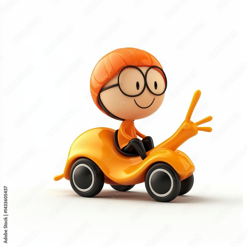 Cheerful Cartoon Character Driving Orange Snail Car Cheerful Cartoon Character Driving Orange Snail Car