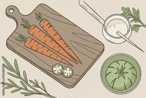 83 Wooden cutting board, Fresh carrots, Green heirloom tomato, Rustic kitchen scene, Overhead view, Natural light, Organic produce, Minimalist composition, Farm-to-table ingredients, Muted earth tones