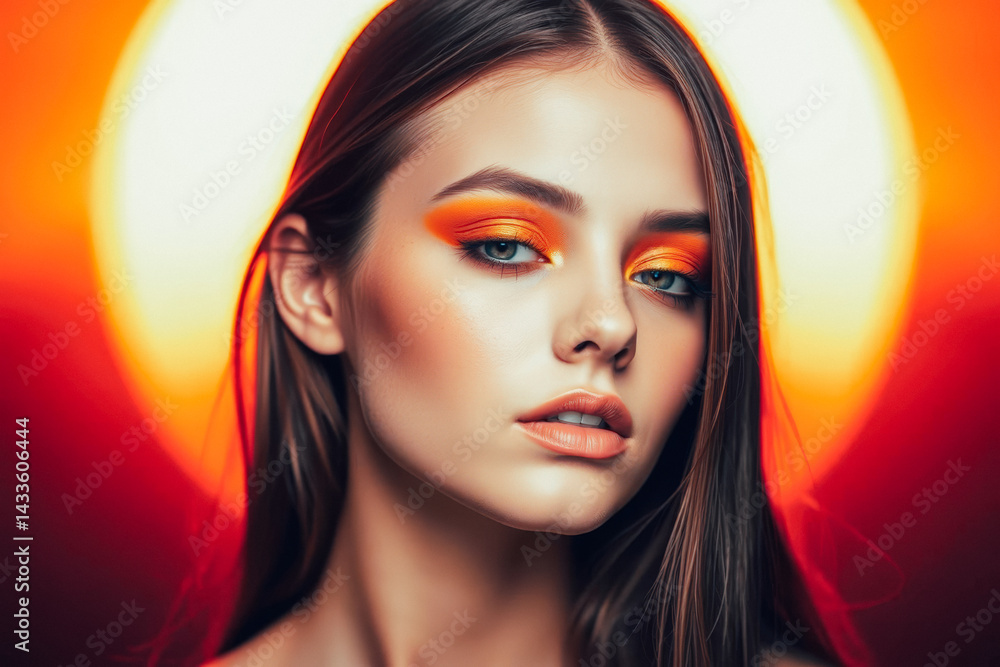 Stunning Woman with Vibrant Orange Makeup