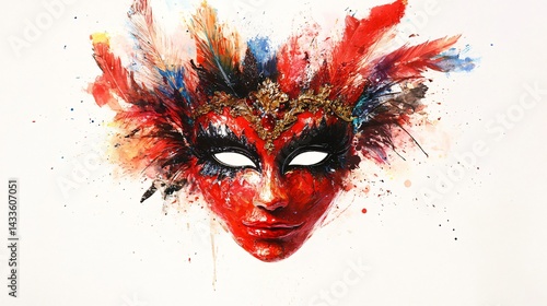 Wallpaper Mural Vibrant Red Carnival Mask with Feathers - Eye-catching Costume Accessories Torontodigital.ca