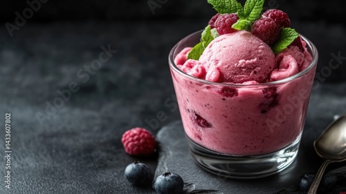 Pink raspberry ice cream dessert, topped with fresh raspberries and mint, in a glass bowl on a dark slate surface