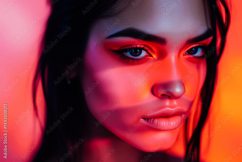 Close-up Portrait of a Woman with Vivid Makeup and Lighting