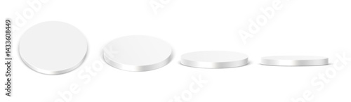 White round podium. Grey platform, podium. Round stage for product presentation. White brand display for exhibition in different view angles. 3d cylinder render vector set.