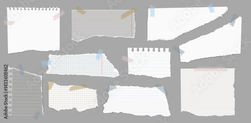 Note paper with adhesive tape. Moodboard blank torn paper pieces on sticky tape, notebook scraps with ripped edges for scrapbooks and moodboards. Vector isolated set.