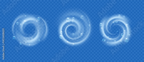 Water flow swirl with air bubbles. Spiral foam with soap bubbles and detergent blue vortex, refresh cleaning and washing concept. Vector isolated set.