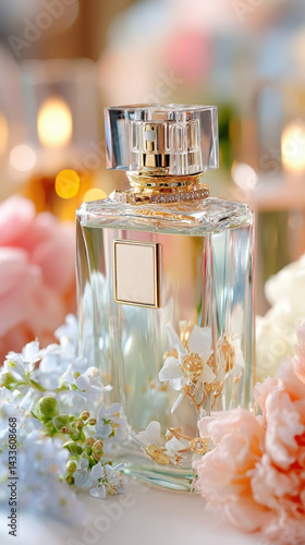 Elegant Perfume Bottle with Golden Floral Accents Surrounded by Soft Pastel Flowers
