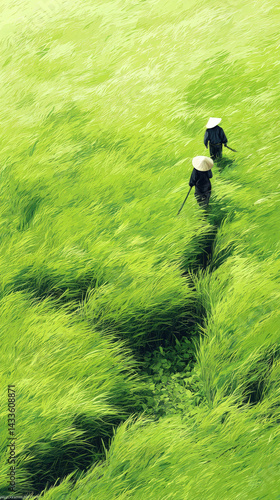 Two Samurai Walking Through Lush Green Rice Field – Phone Wallpaper
