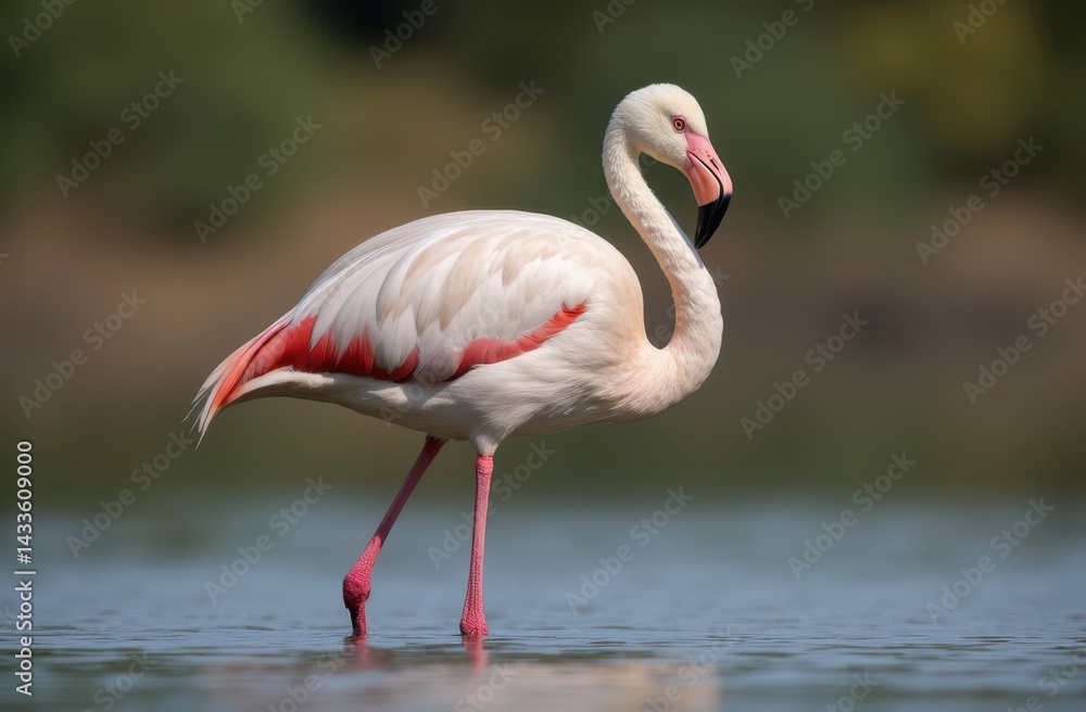 image of a Greater Flamingo standing gracefully in shallow water on a serene lake. image of a Greater Flamingo standing gracefully in shallow water on a serene lake.
