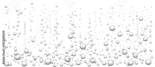 Underwater bubbles. Realistic fizzing air bubbles popping up, fizzy drink or soda pop, sparkling water texture. Vector isolated set on transparent background.