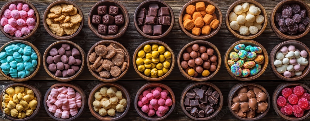 Vibrant array of candies, cookies, and chocolates displayed artfully in wooden bowls on a rustic tabletop Vibrant array of candies, cookies, and chocolates displayed artfully in wooden bowls on a rustic tabletop