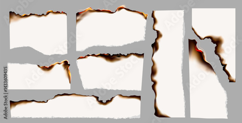 Burning paper. Realistic burning torn paper pieces with fire flame, white paper sheets with charred burnt edges, black ash and fire. Scorched and smoldering frame. Vector set.