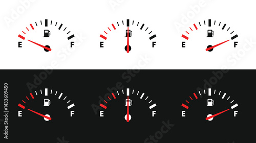 Fuel indicator. full and empty indicator. Gas fuel gauge with warning to indicate low fuel level. Energy shortage concept isolated on white and black background.