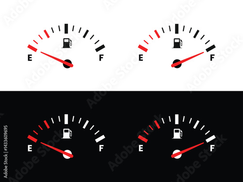 Fuel tank indicator. full and empty indicator. Fuel gauge with warning to indicate low fuel level. Energy shortage concept isolated on white background.