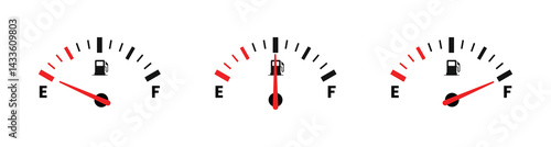 Fuel indicator. fuel and empty indicator. Fuel gauge with warning to indicate low fuel level. Energy shortage concept isolated on white background.