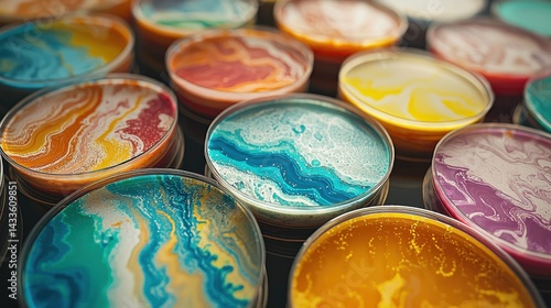 A collection of petri dishes displays vibrant, abstract liquids, perfect for scientific visuals.