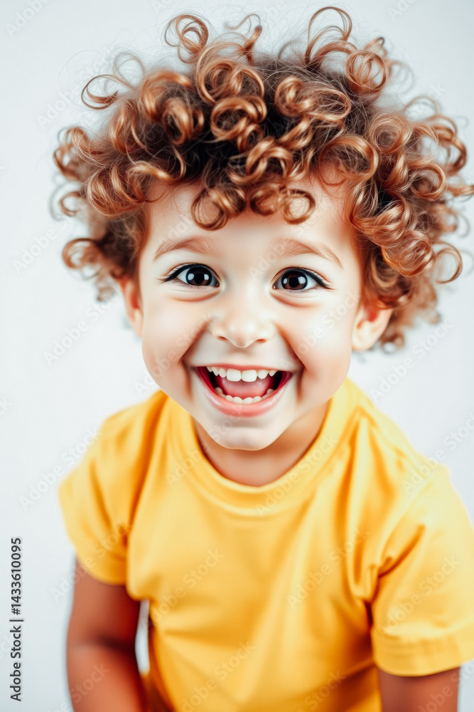 Joyful Child with Curly Hair in Yellow T-Shirt