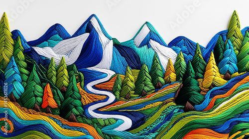 Colorful mountain background embroidery 