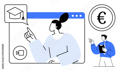 Woman engaged in virtual learning with graduation cap sign and euro coin man presenting with tablet. Ideal for education, e-learning, financial planning, career development, teaching, online courses