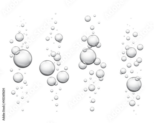 Water bubbles. Realistic fizzing underwater air bubbles popping up, fizzy drink or soda pop, sparkling water texture, effervescent drink. Vector isolated set.