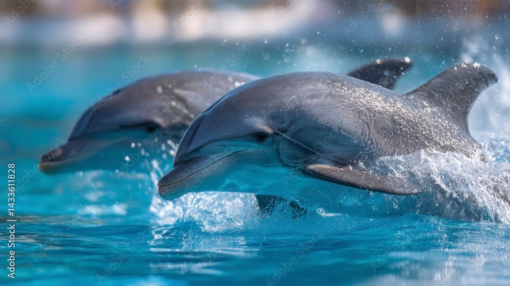 Naklejka premium Two Dolphins Swimming in Clear Blue Water with Splashing Water Around