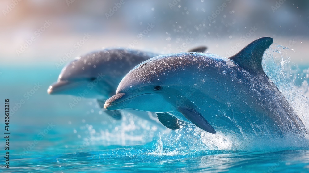 Fototapeta premium Two Dolphins Leaping From Blue Water Creating Splashes in Sunlight