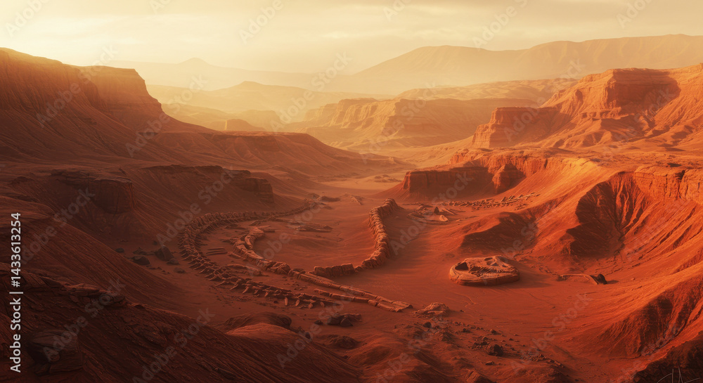 Fototapeta premium Martian Landscape: Red Desert Terrain and Winding Canyon Under a Golden Sunset