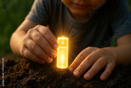 Child Planting Glowing Battery-Shaped Seed in Soil for Green Future. Eco Friendly Energy Concept 