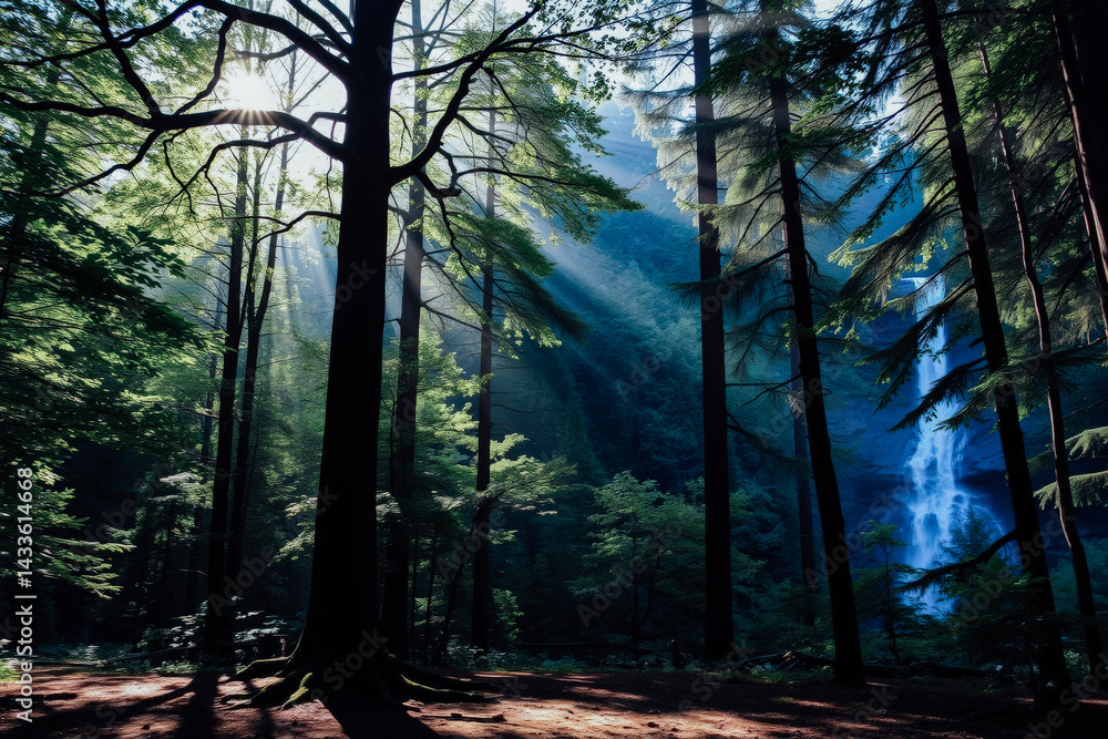 Fototapeta premium Sunlight Piercing Forest Waterfall Scene