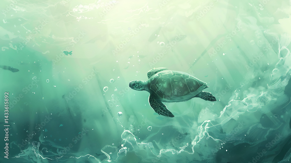 Obraz premium A serene sea turtle glides through a sunlit underwater world, surrounded by soft rays and gentle bubbles in a tranquil, teal-toned ocean scene.