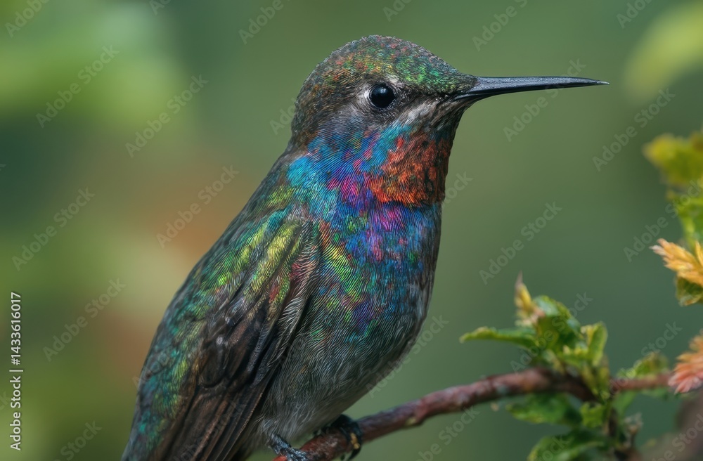 Fototapeta premium a hummingbird in mid-flight, suspended delicately in the air with its wings beating rapidly.