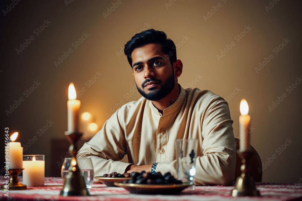 Man in Traditional Clothing at a Candlelit Table