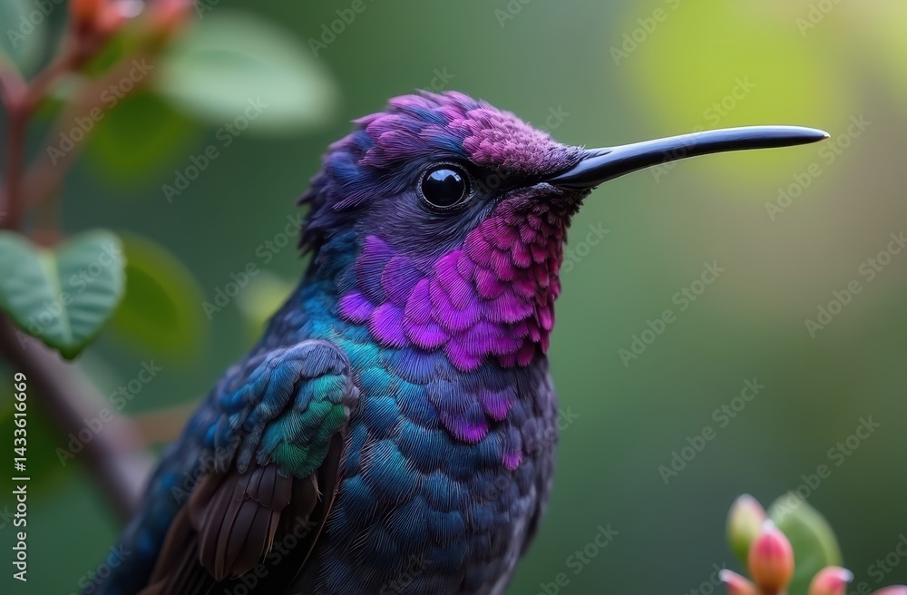 Fototapeta premium a hummingbird in mid-flight, suspended delicately in the air with its wings beating rapidly.