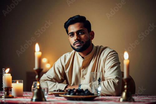 Obraz na płótnie Man in Traditional Clothing at a Candlelit Table w salonie