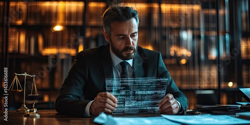 Lawyer Reviewing Digital Evidence on Transparent Screen in Law Office