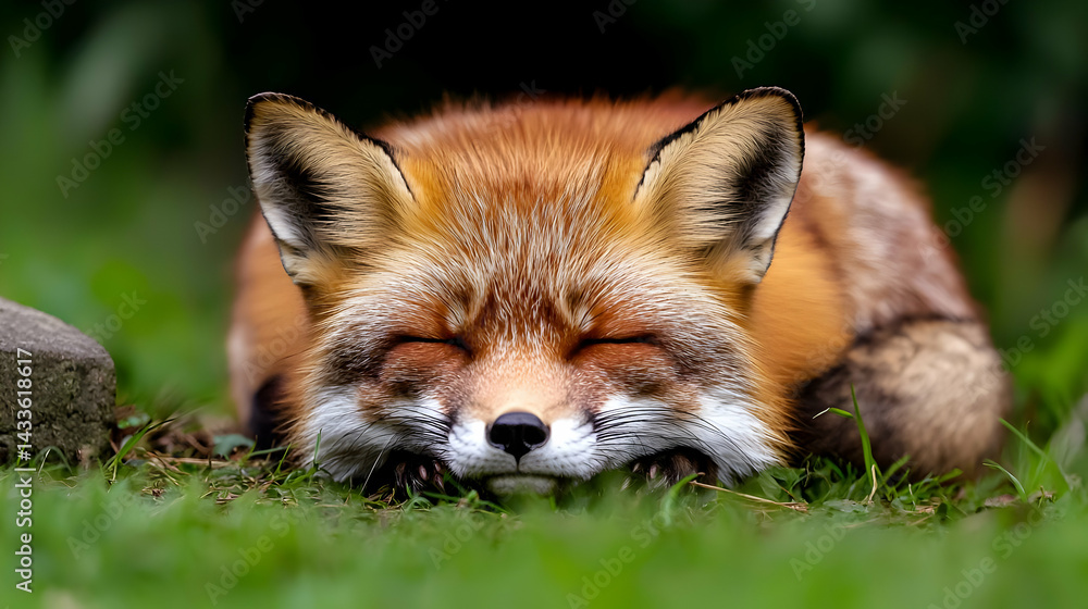 Fototapeta premium Sleeping Red Fox Resting on Green Grass with Closed Eyes in Natural Outdoor Setting