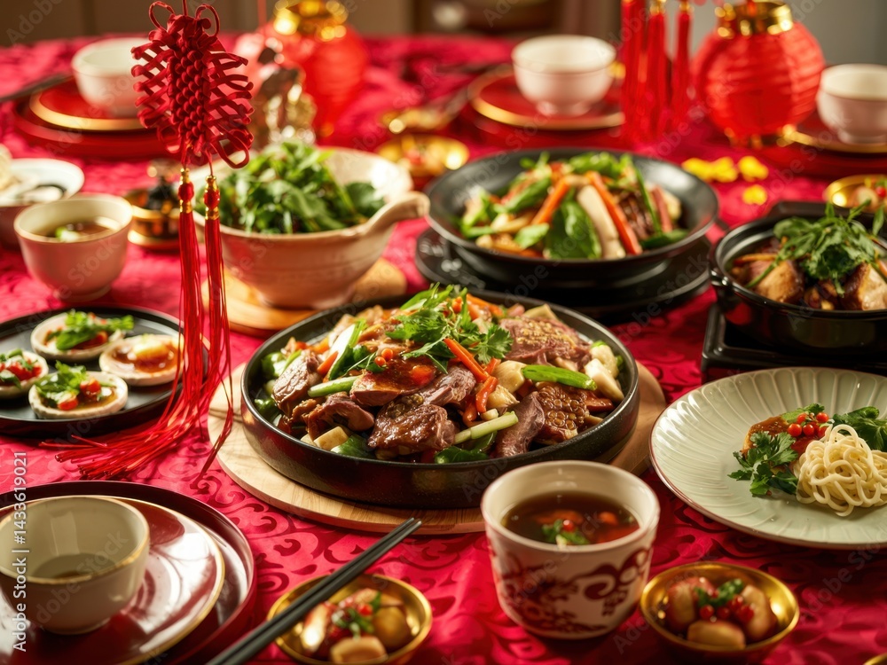 Festive dining table full of traditional dishes and vibrant decorations during Lunar New Year celebration Festive dining table full of traditional dishes and vibrant decorations during Lunar New Year celebration