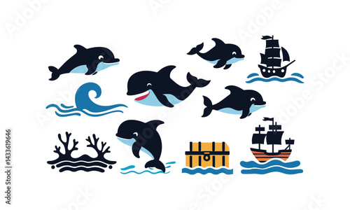 Playful Dolphins and Pirate Ships Vector Set