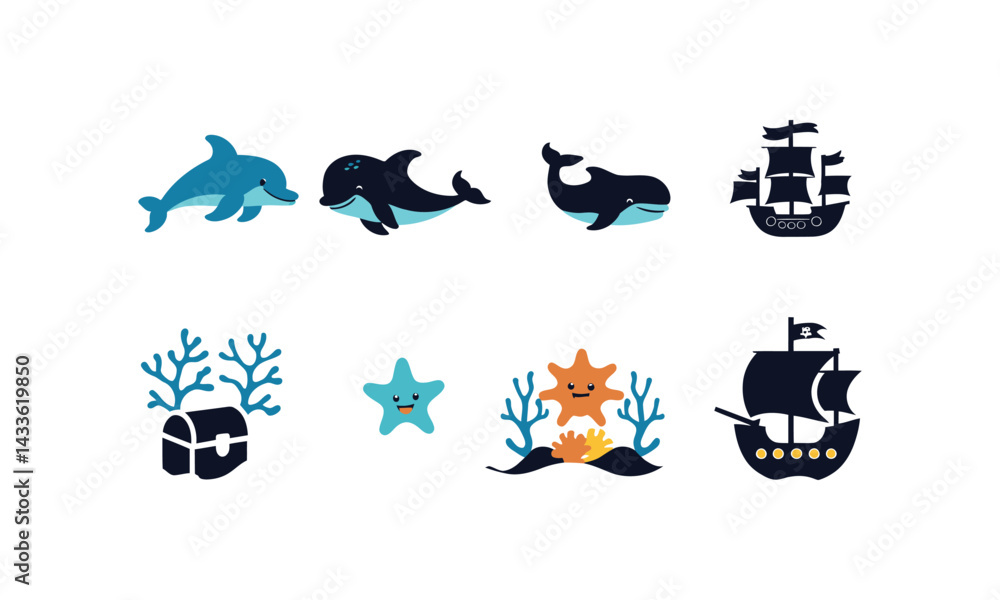 Fototapeta premium Cute Sea Animals and Pirate Ship Vector Set