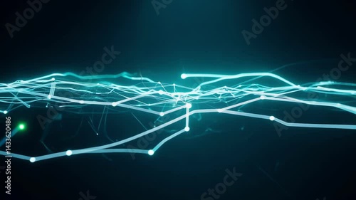 Abstract blue digital network visualization with illuminated flowing lines and connection nodes. Energy patterns transform and pulse across dark background creating technological data concept.