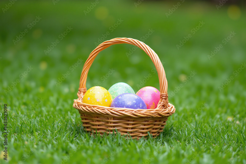 Fototapeta premium basket full of colorful easter eggs sitting in the grass