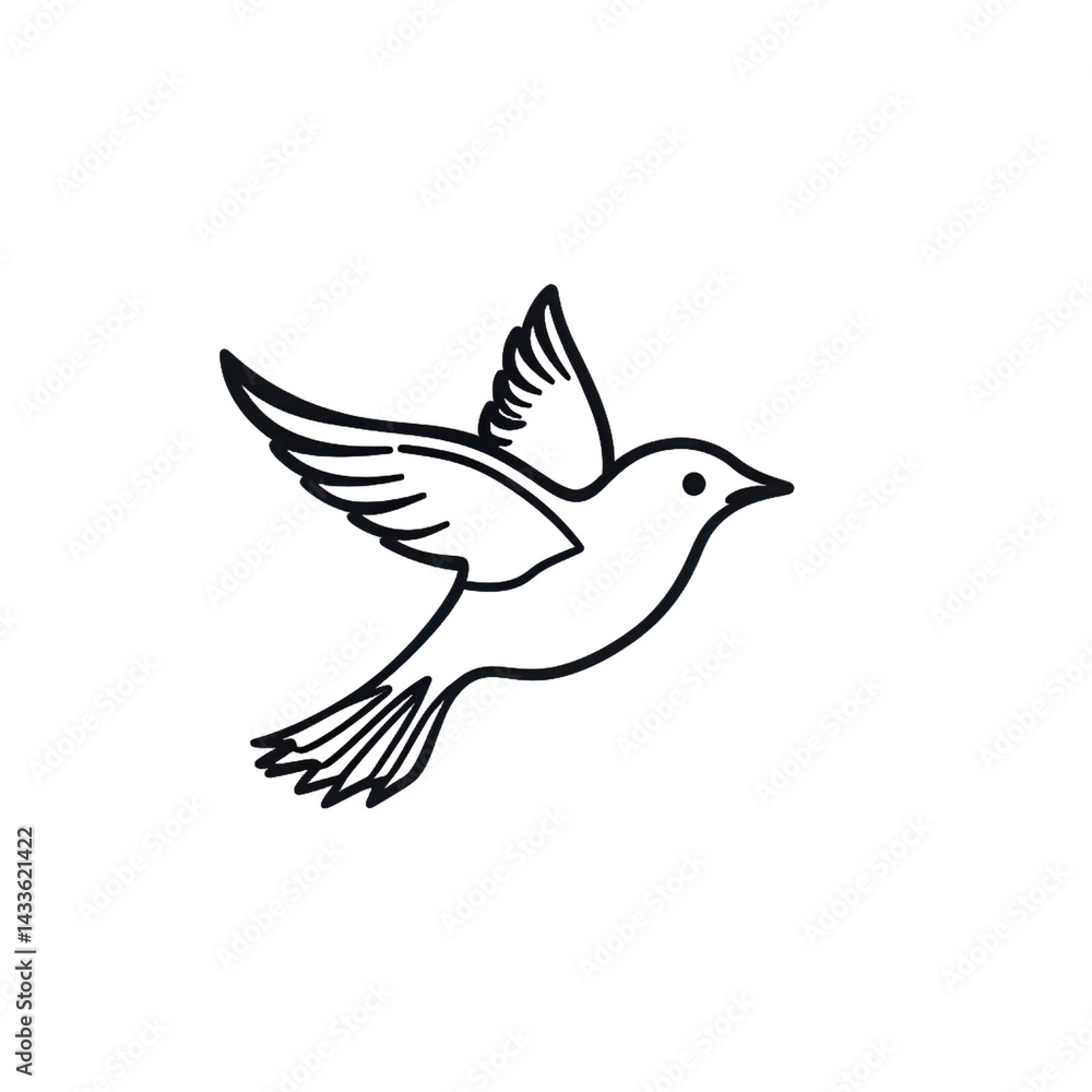 Minimal bird in flight icon line drawing isolated on transparent background freedom symbol abstract nature cutout design