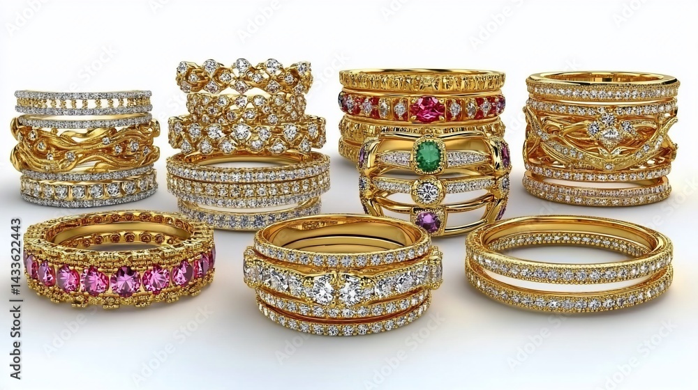 Collection of intricate gold rings with diamonds and gemstones Collection of intricate gold rings with diamonds and gemstones